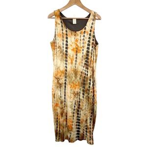 Travel Dress Tie Dye Sleeveless Midi Womens 2XL Orange Brown Rayon Spandex Lined